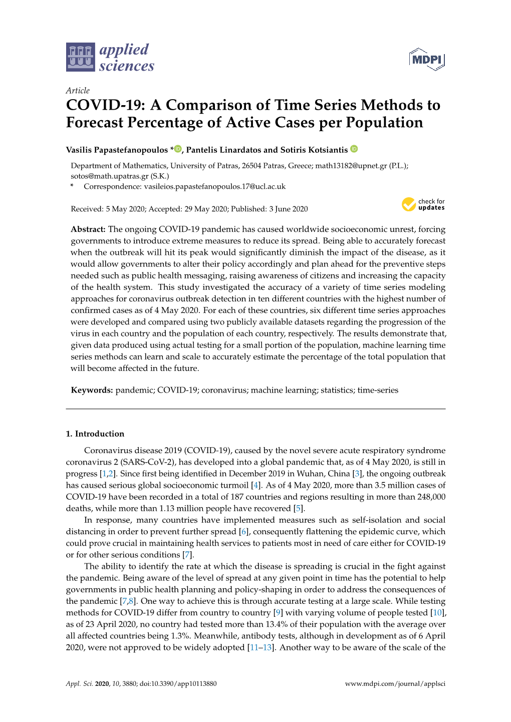 COVID-19: a Comparison of Time Series Methods to Forecast Percentage of Active Cases Per Population