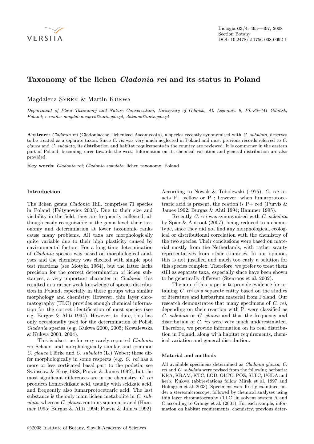Taxonomy of the Lichen Cladonia Rei and Its Status in Poland