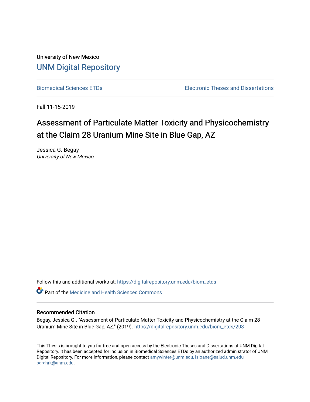 Assessment of Particulate Matter Toxicity and Physicochemistry at the Claim 28 Uranium Mine Site in Blue Gap, AZ