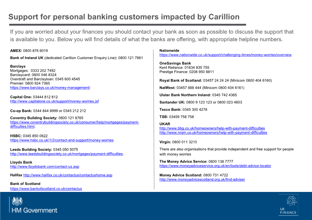 Support for Personal Banking Customers Impacted by Carillion