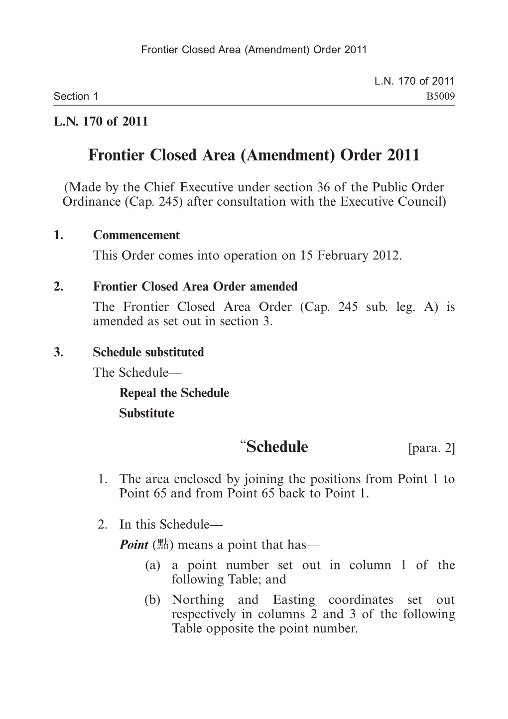 LN 170 of 2011 Frontier Closed Area (Amendment)