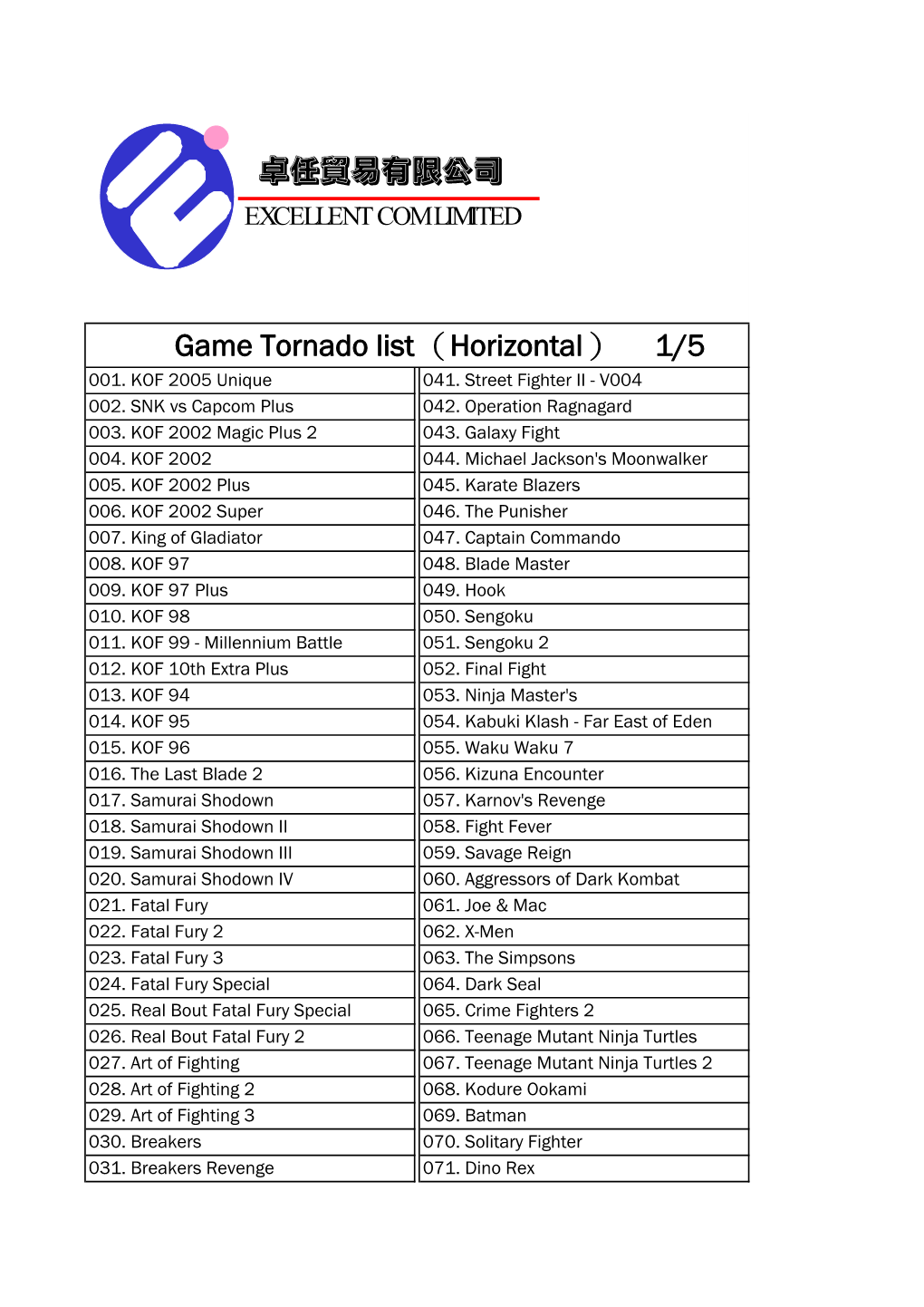 Game Tornado List（Horizontal） 1/5 卓任貿易有限公司