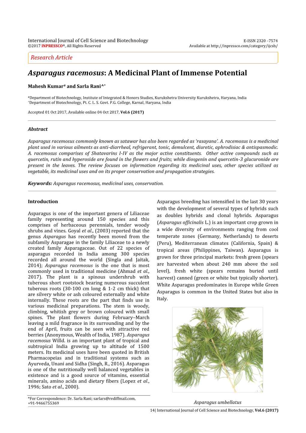 Asparagus Racemosus: a Medicinal Plant of Immense Potential