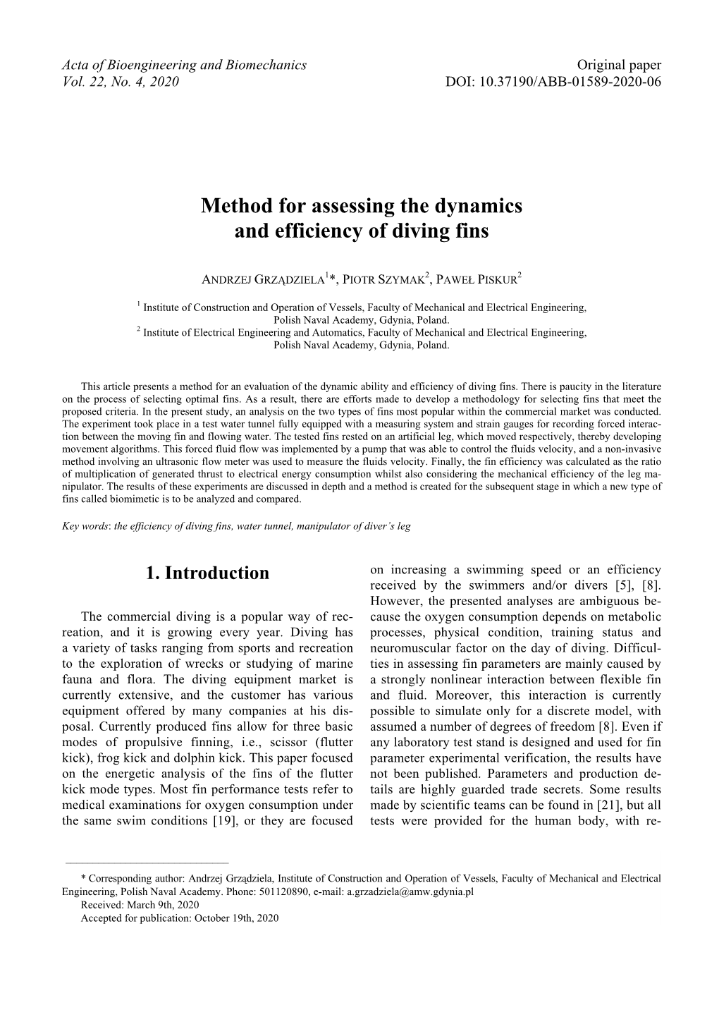 Method for Assessing the Dynamics and Efficiency of Diving Fins