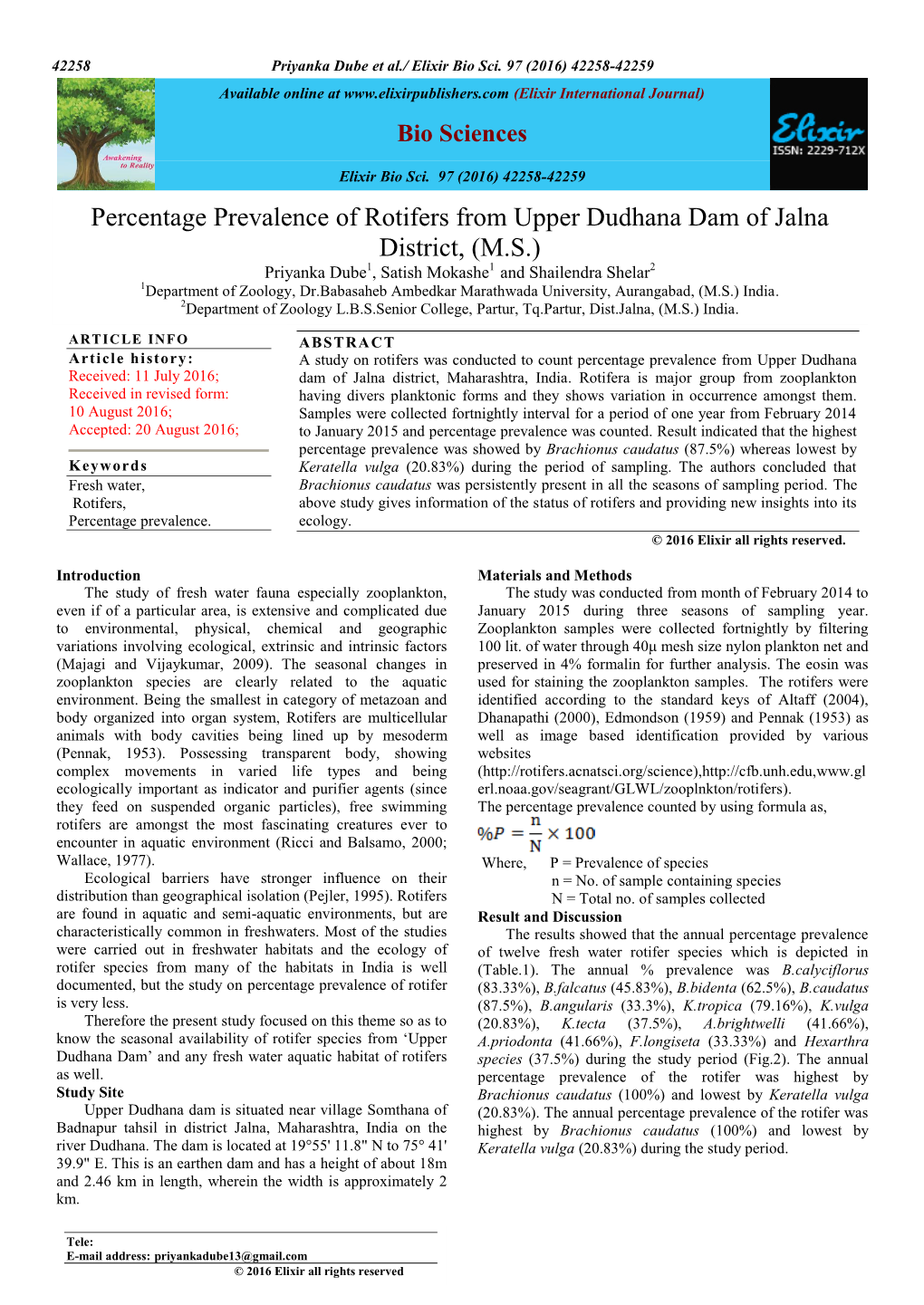 Percentage Prevalence of Rotifers from Upper Dudhana Dam of Jalna District