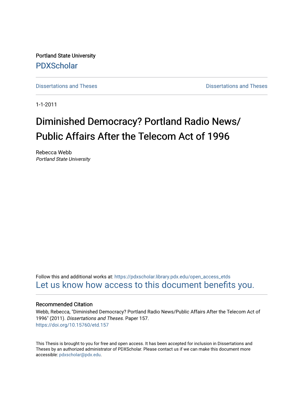 Diminished Democracy? Portland Radio News/Public Affairs After the Telecom Act of 1996