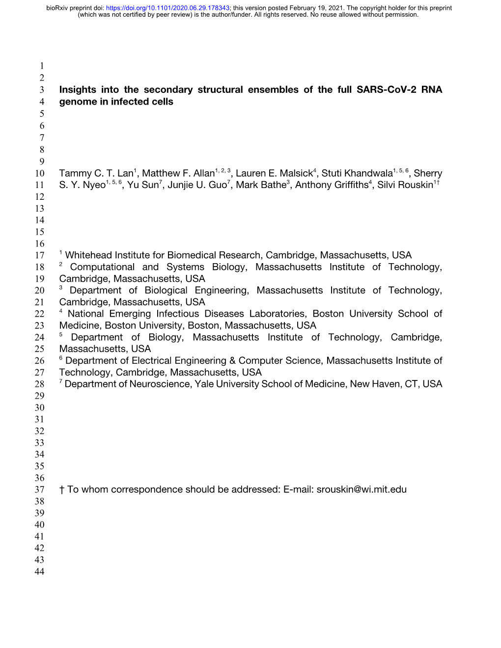 Insights Into the Secondary Structural Ensembles of the Full SARS-Cov-2 RNA 4 Genome in Infected Cells 5 6 7 8 9 10 Tammy C