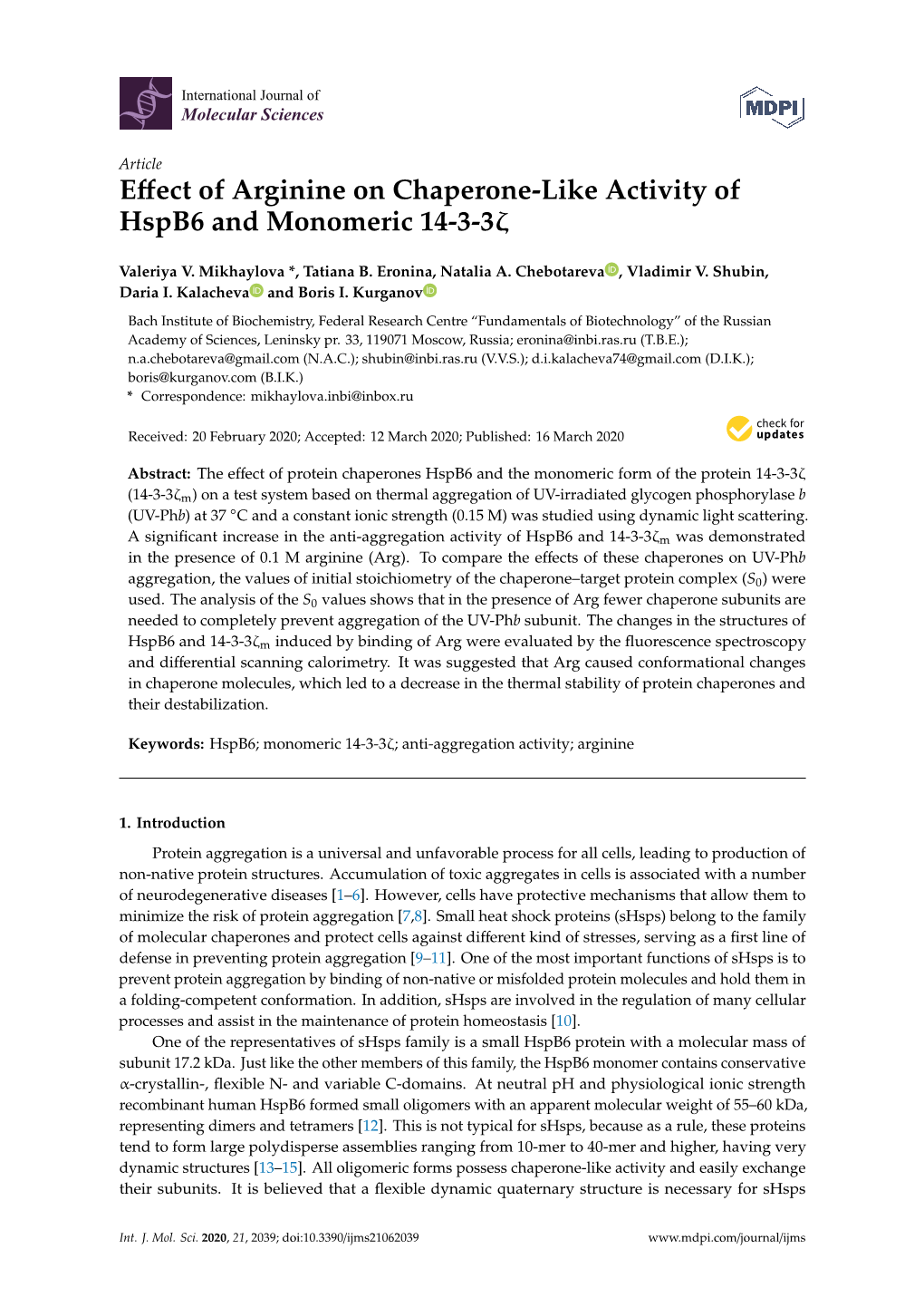 Effect of Arginine on Chaperone-Like Activity of Hspb6 and Monomeric 14-3-3Ζ