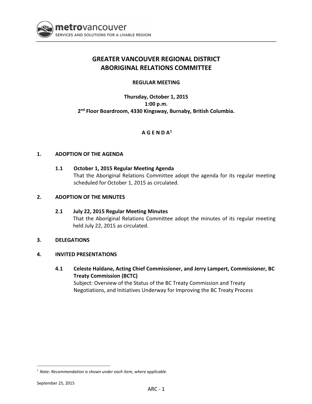 Metro Vancouver Aboriginal Relations Committee Agenda Package