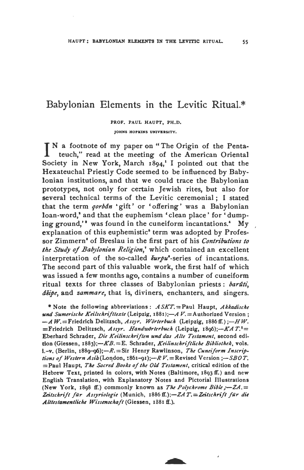 Babylonian Elements in the Levitic Ritual.*