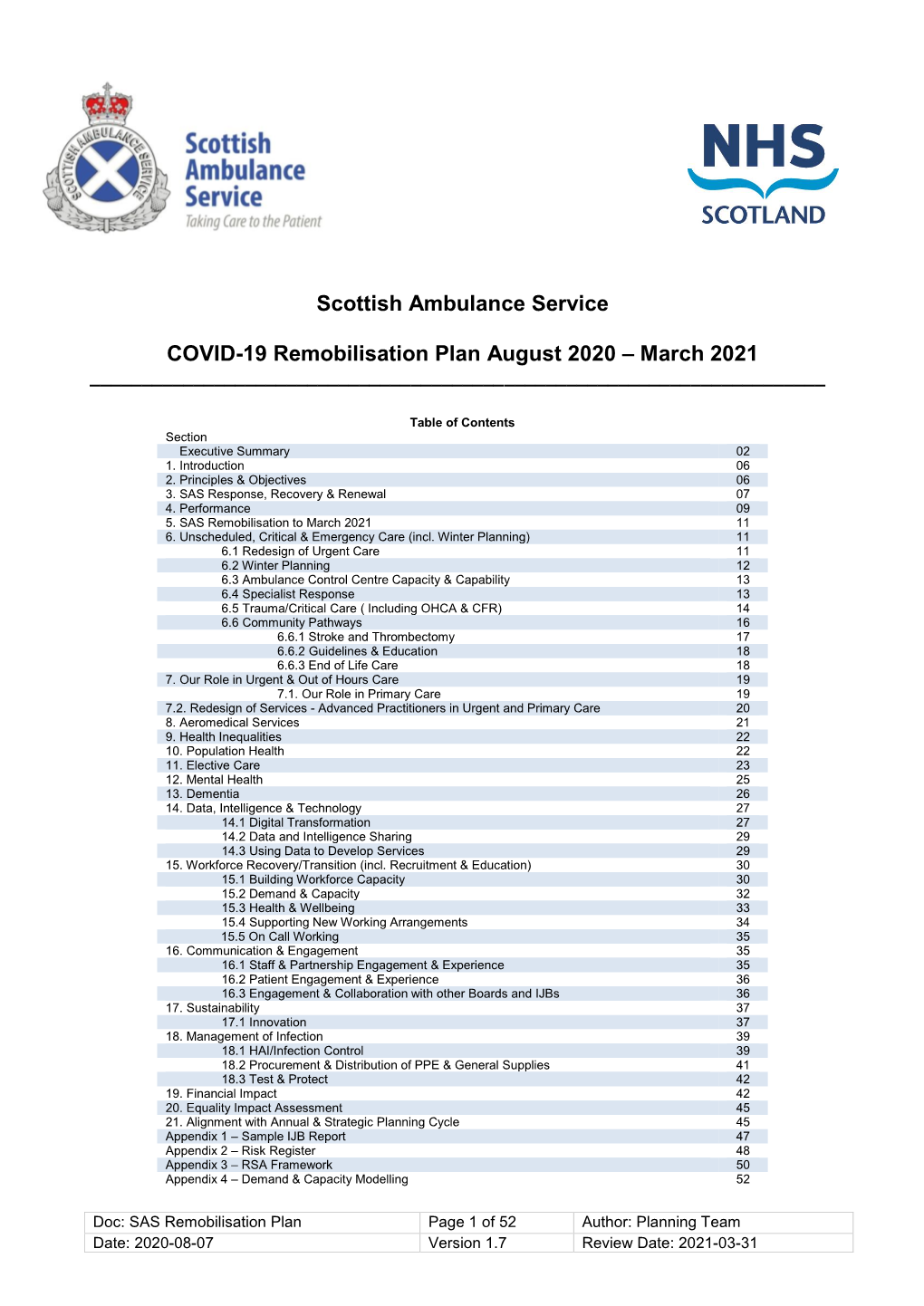 Scottish Ambulance Service COVID-19 Remobilisation Plan August 2020 – March 2021