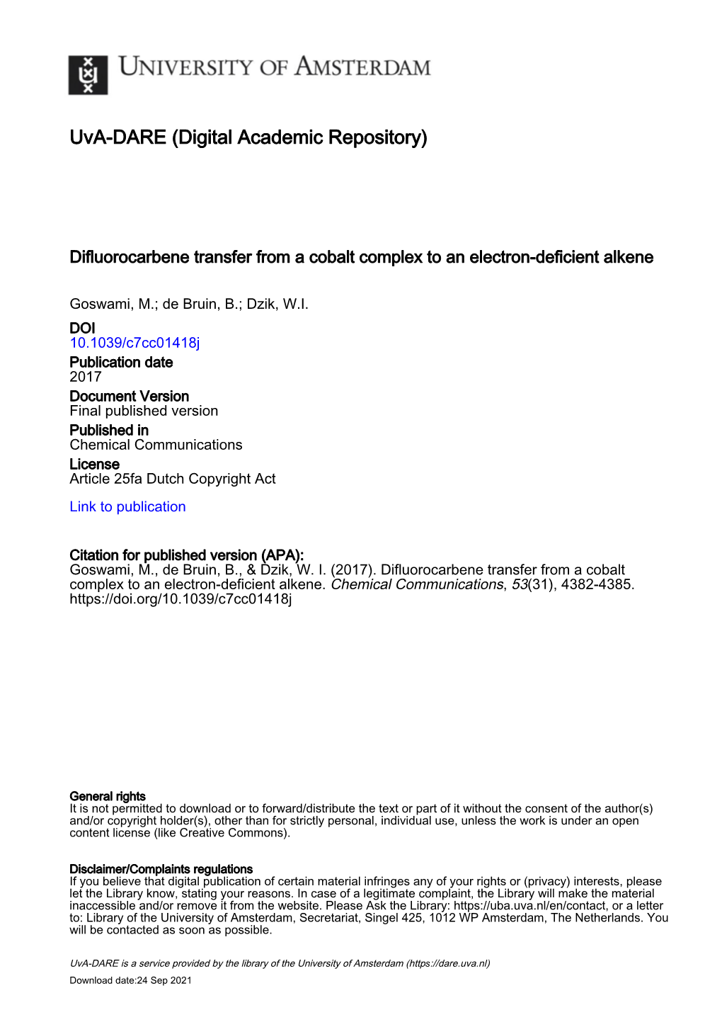 Difluorocarbene Transfer from a Cobalt Complex to an Electron-Deficient Alkene