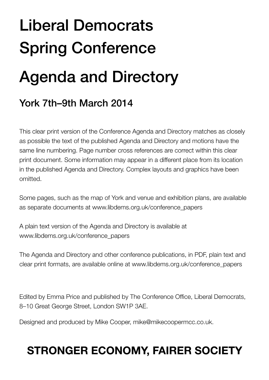 Liberal Democrats Spring Conference Agenda and Directory