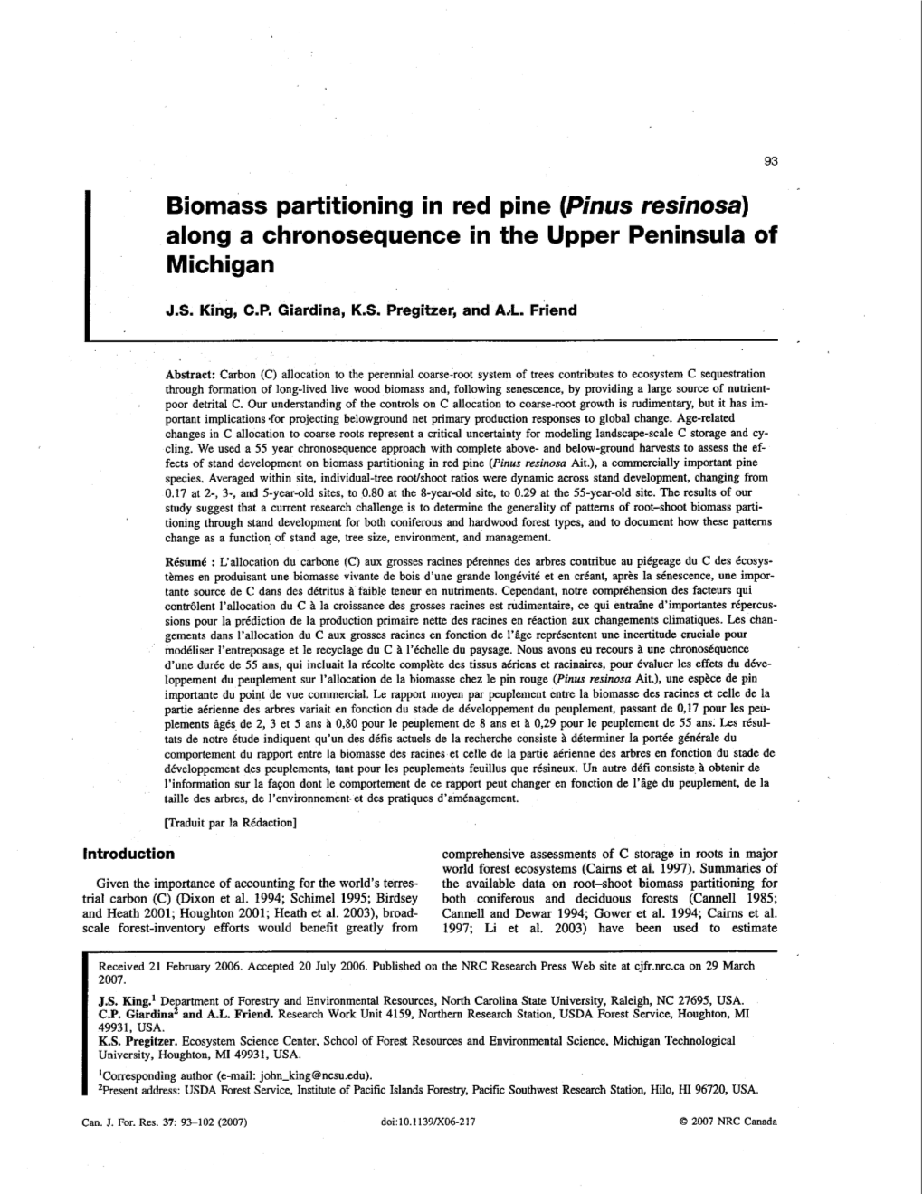 Biomass Partitioning in Red Pine (Pinus Resinosa) Along a Chronosequence in the Upper Peninsula of Michigan