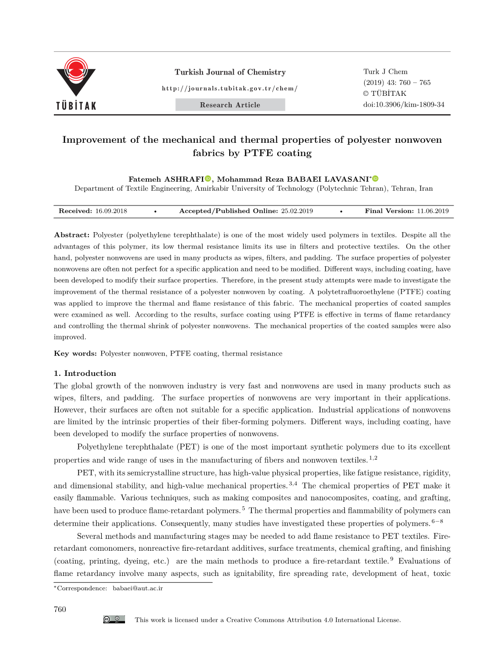 Improvement of the Mechanical and Thermal Properties of Polyester Nonwoven Fabrics by PTFE Coating