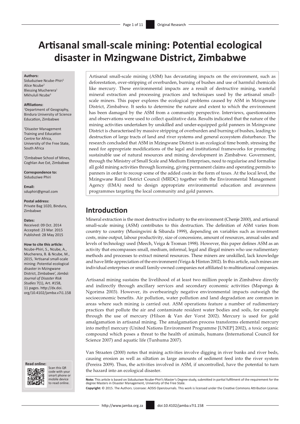 Artisanal Small-Scale Mining: Potential Ecological Disaster in Mzingwane District, Zimbabwe