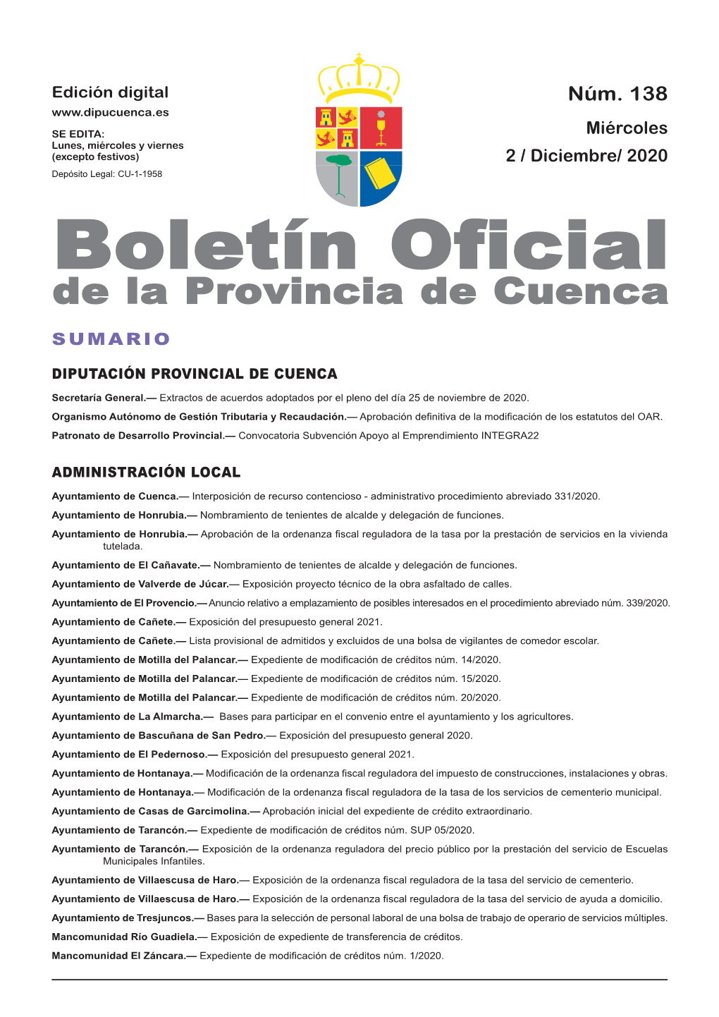 Boletín Oficial De La Provincia De Cuenca Sumario Diputación Provincial De Cuenca