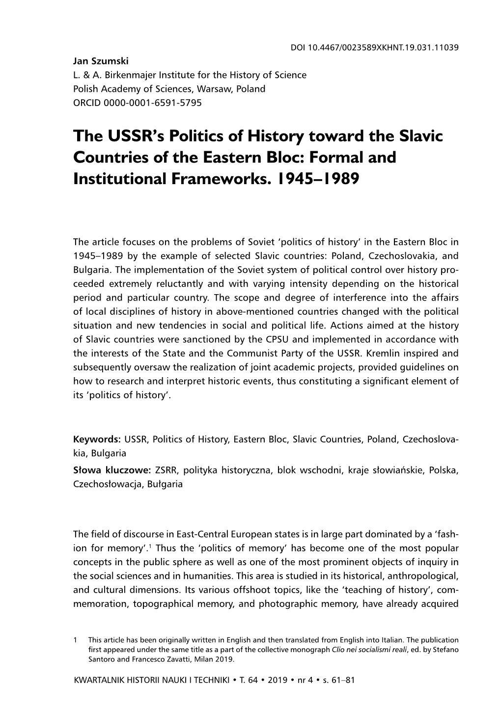 The USSR's Politics of History Toward the Slavic Countries of the Eastern