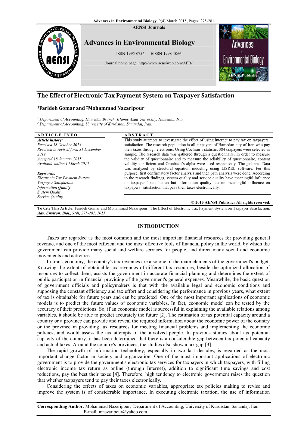 Advances in Environmental Biology, 9(4) March 2015, Pages: 275-281 AENSI Journals