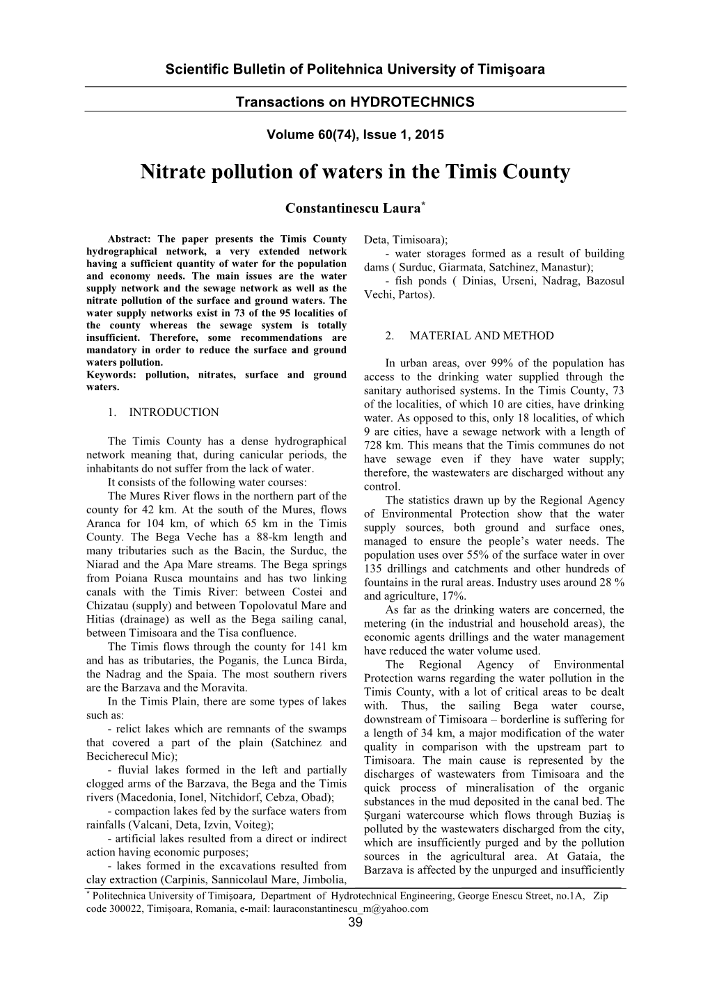 Nitrate Pollution of Waters in the Timis County