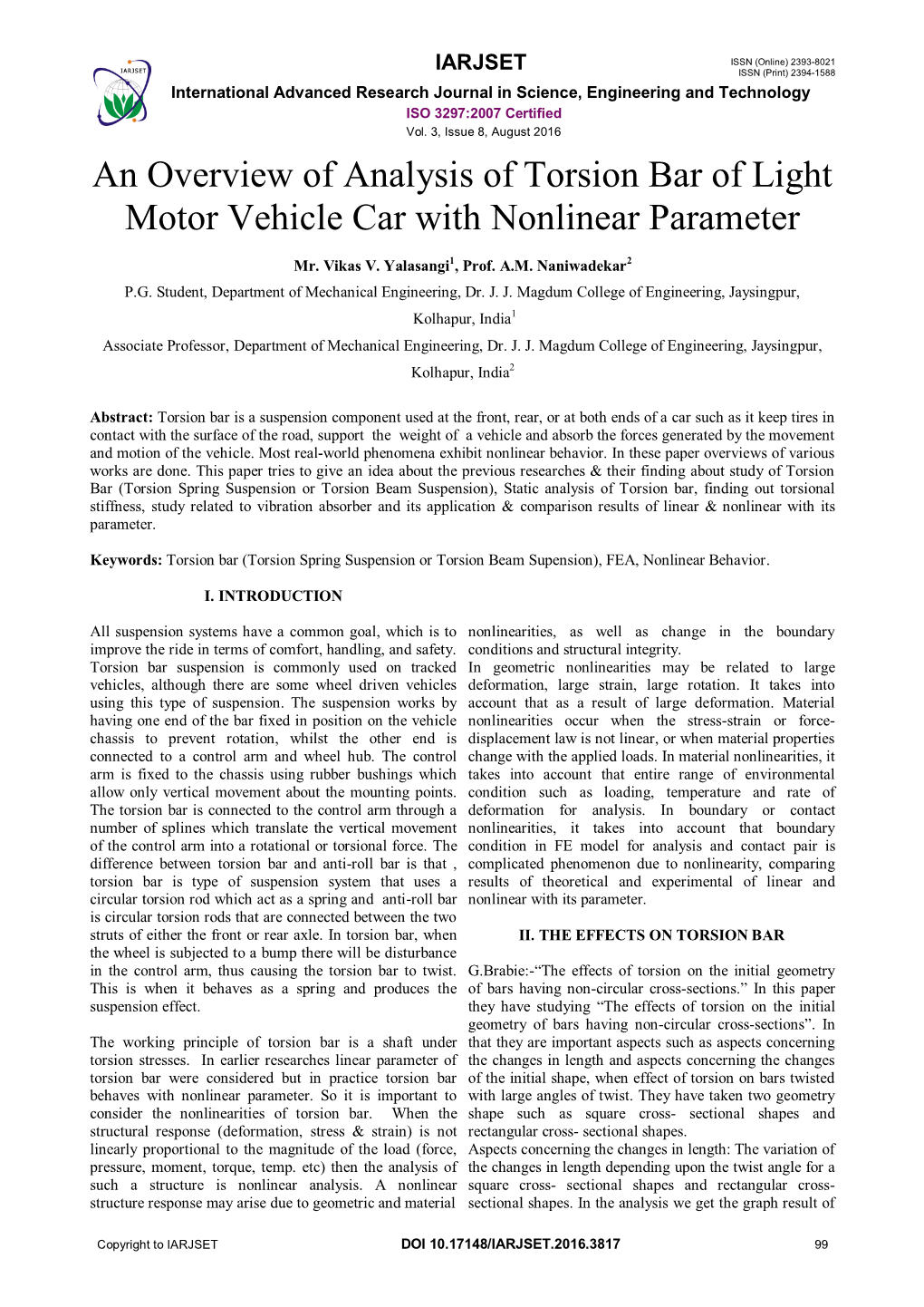 An Overview of Analysis of Torsion Bar of Light Motor Vehicle Car with Nonlinear Parameter