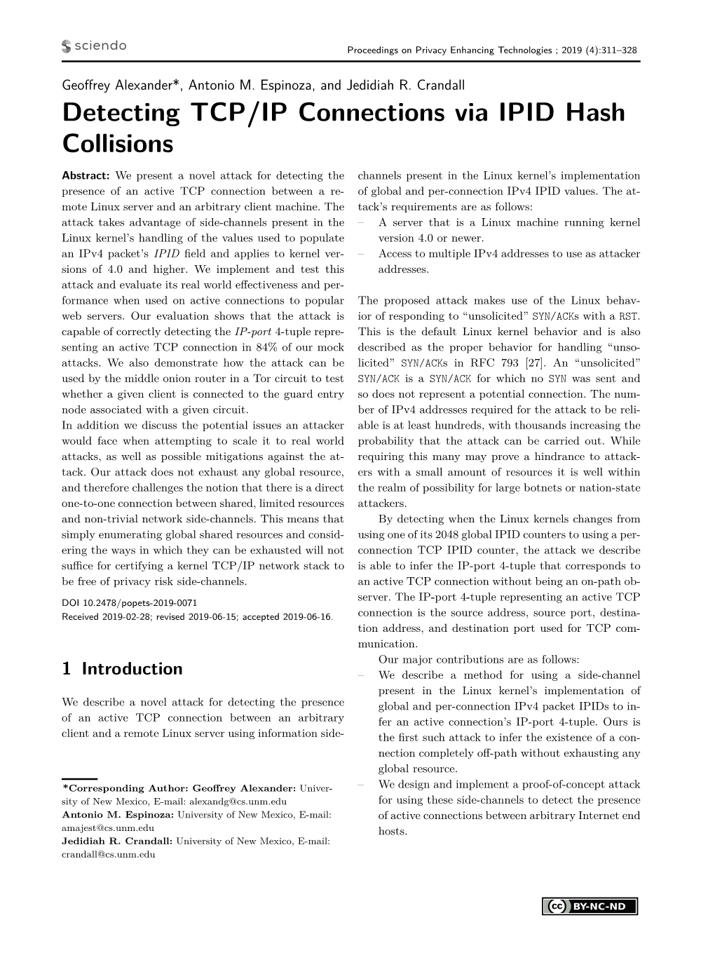 Detecting TCP/IP Connections Via IPID Hash Collisions