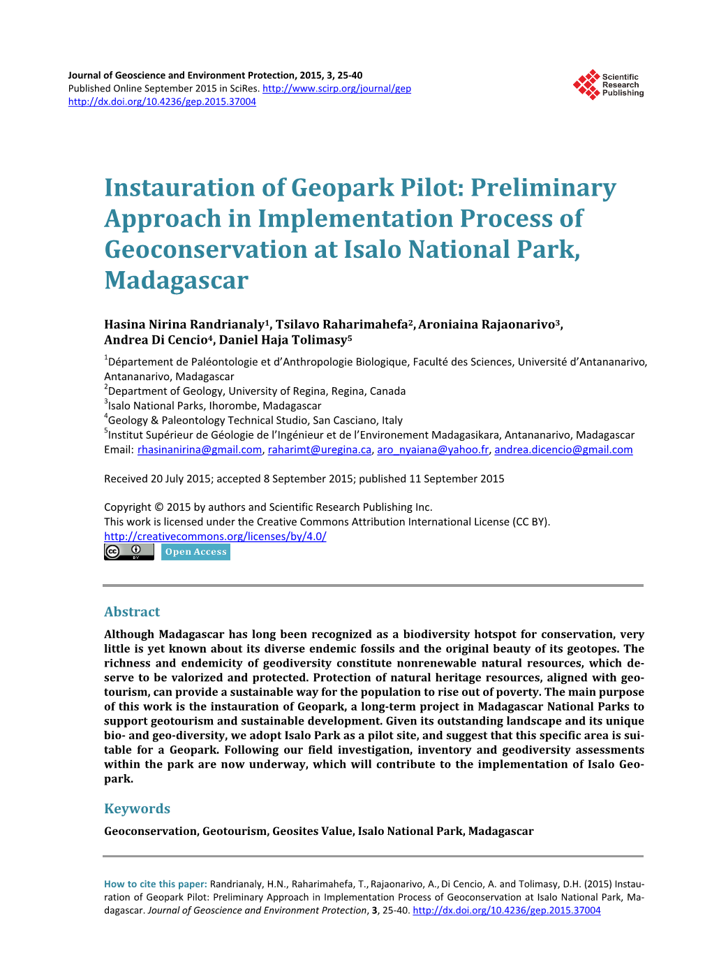 Preliminary Approach in Implementation Process of Geoconservation at Isalo National Park, Madagascar