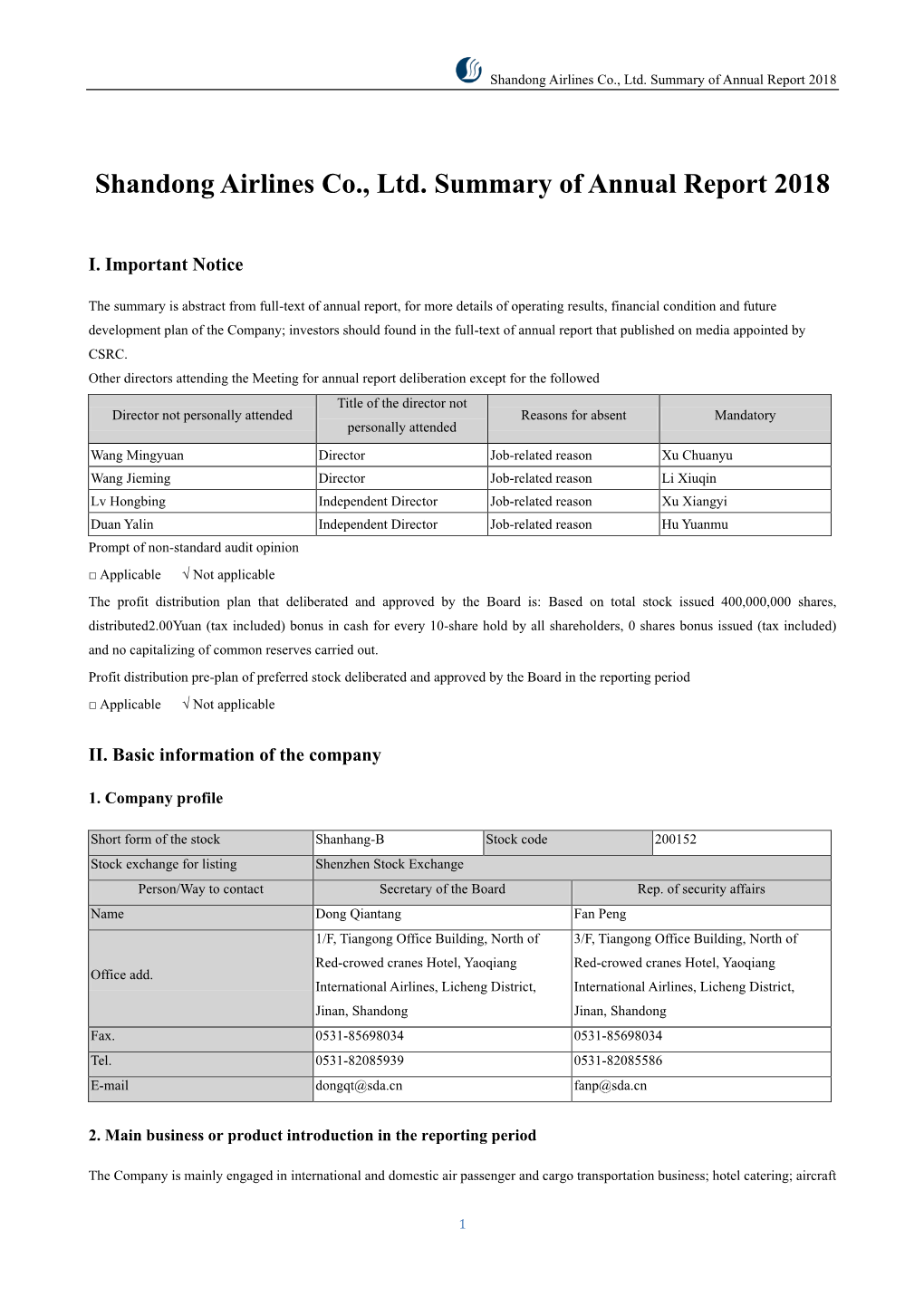 Shandong Airlines Co., Ltd. Summary of Annual Report 2018