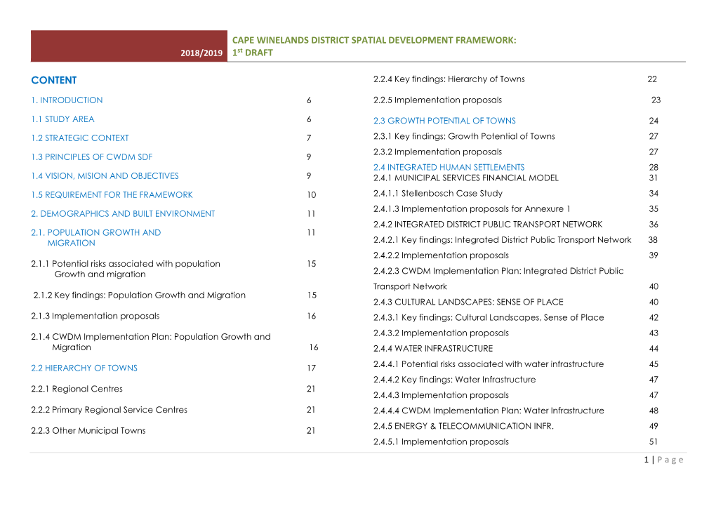 CAPE WINELANDS DISTRICT SPATIAL DEVELOPMENT FRAMEWORK: 2018/2019 1St DRAFT