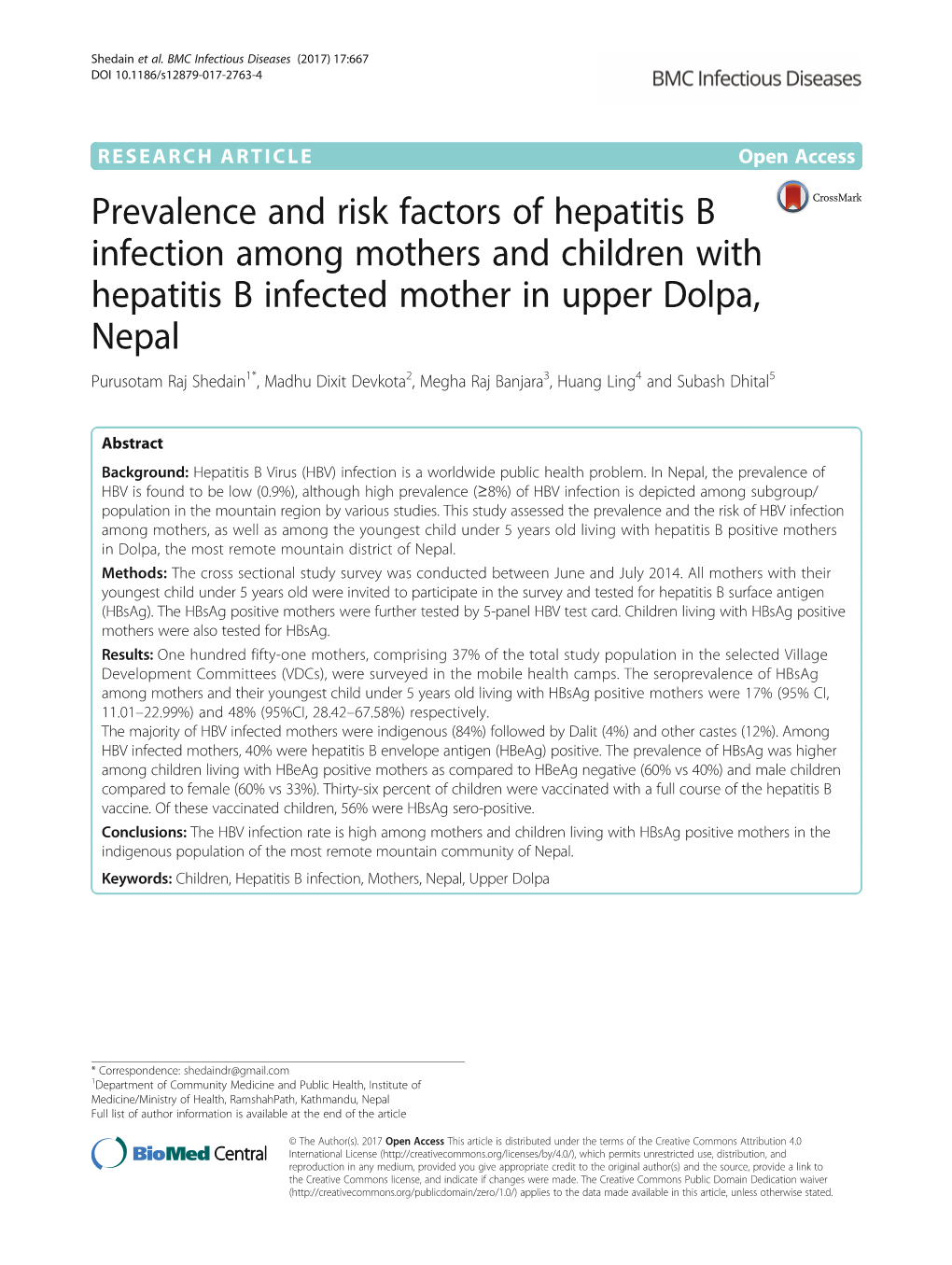 Prevalence and Risk Factors of Hepatitis B Infection Among Mothers and Children with Hepatitis B Infected Mother in Upper Dolpa