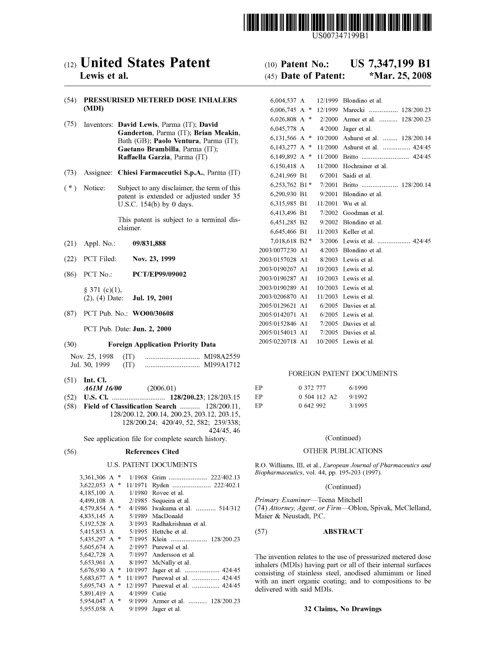 (12) United States Patent (10) Patent No.: US 7,347,199 B1 Lewis Et Al