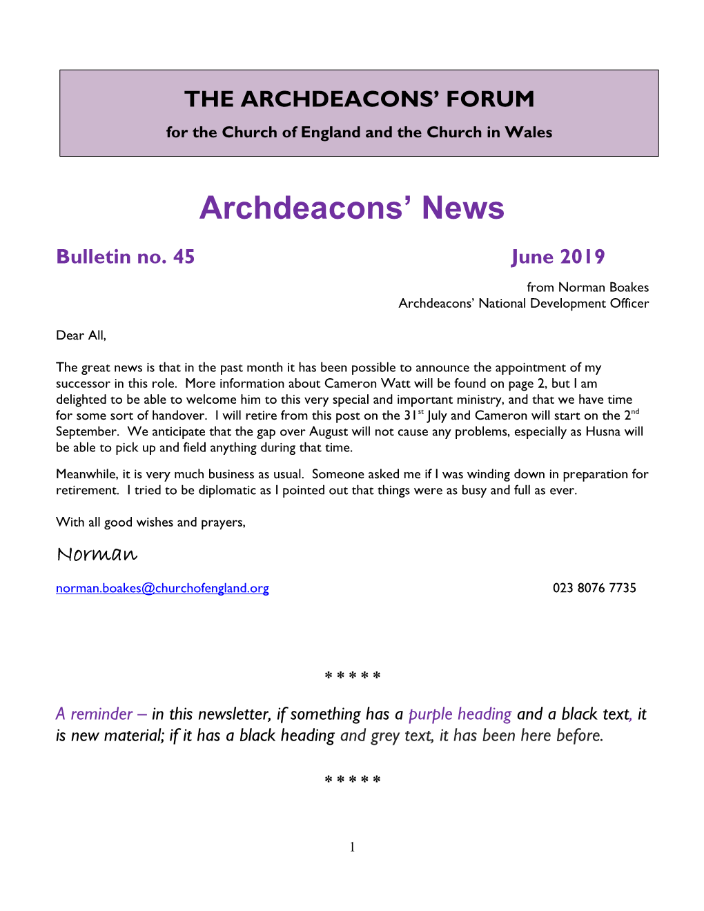 National Archdeacons' Forum Mailing