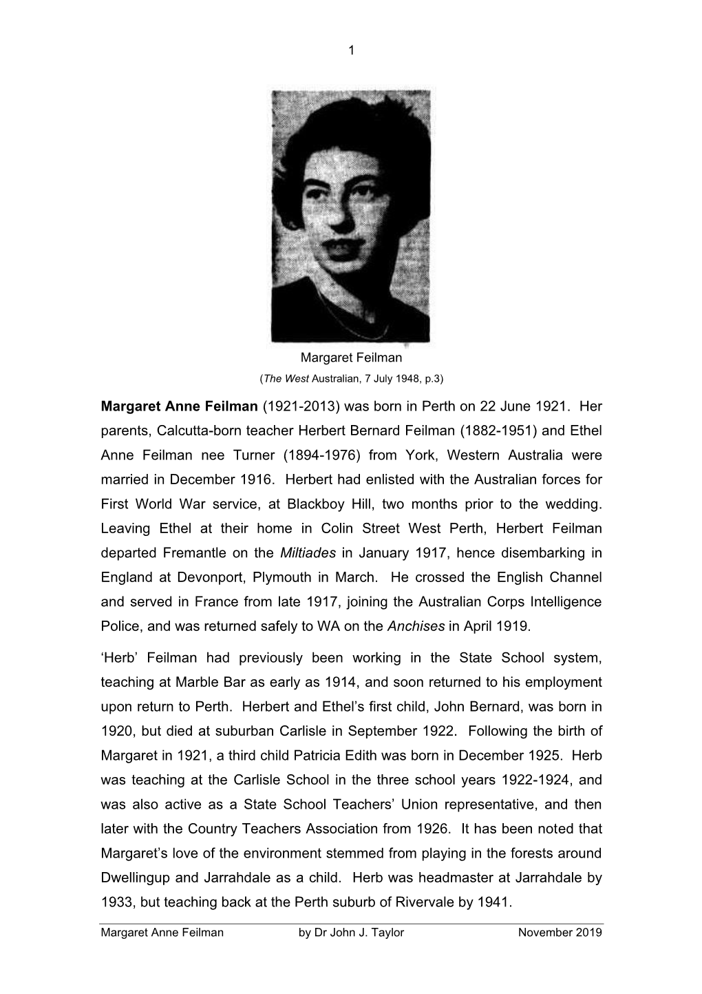 Margaret Anne Feilman (1921-2013) Was Born in Perth on 22 June 1921