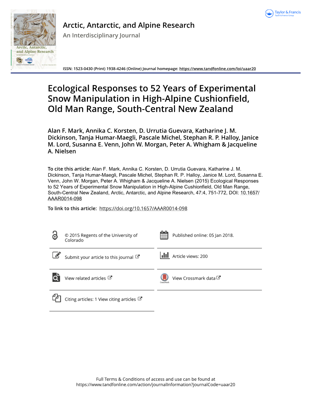 Ecological Responses to 52 Years of Experimental Snow Manipulation in High-Alpine Cushionfield, Old Man Range, South-Central New Zealand