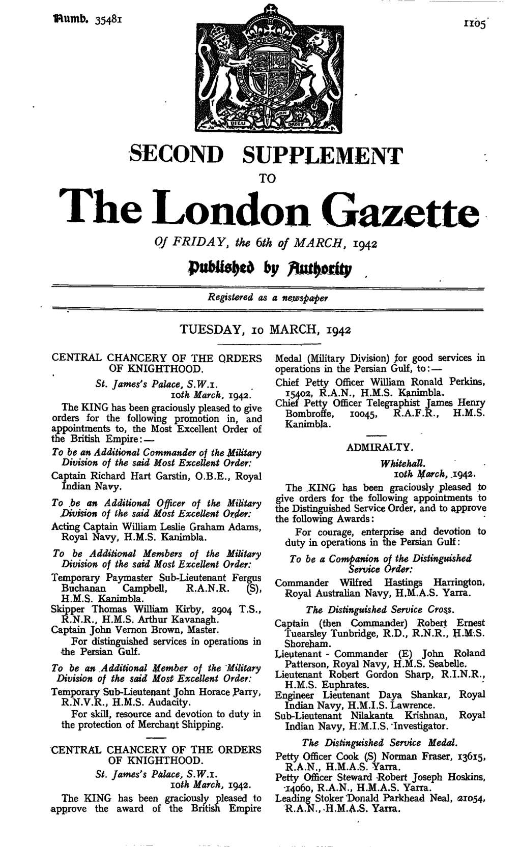 The London Gazette of FRIDAY, the 6Th of MARCH, 1942 By