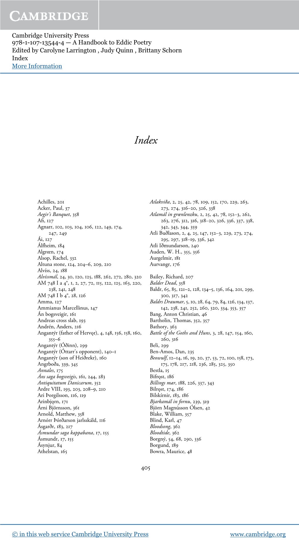 Cambridge University Press 978-1-107-13544-4 — a Handbook to Eddic Poetry Edited by Carolyne Larrington , Judy Quinn , Brittany Schorn Index More Information