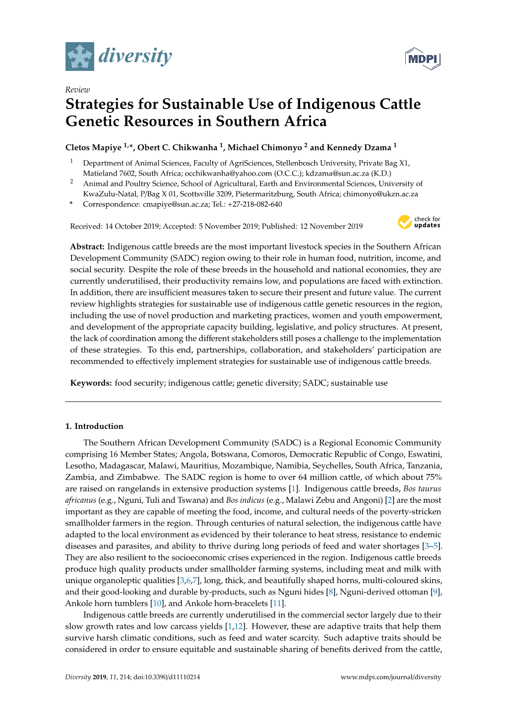 Strategies for Sustainable Use of Indigenous Cattle Genetic Resources in Southern Africa