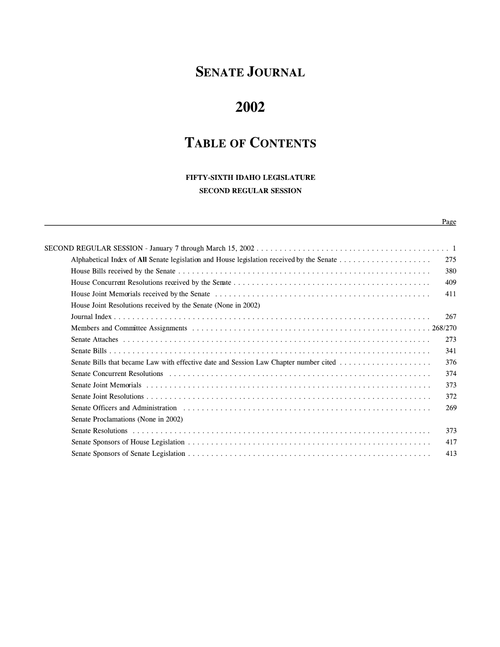 Senate Journal Table of Contents
