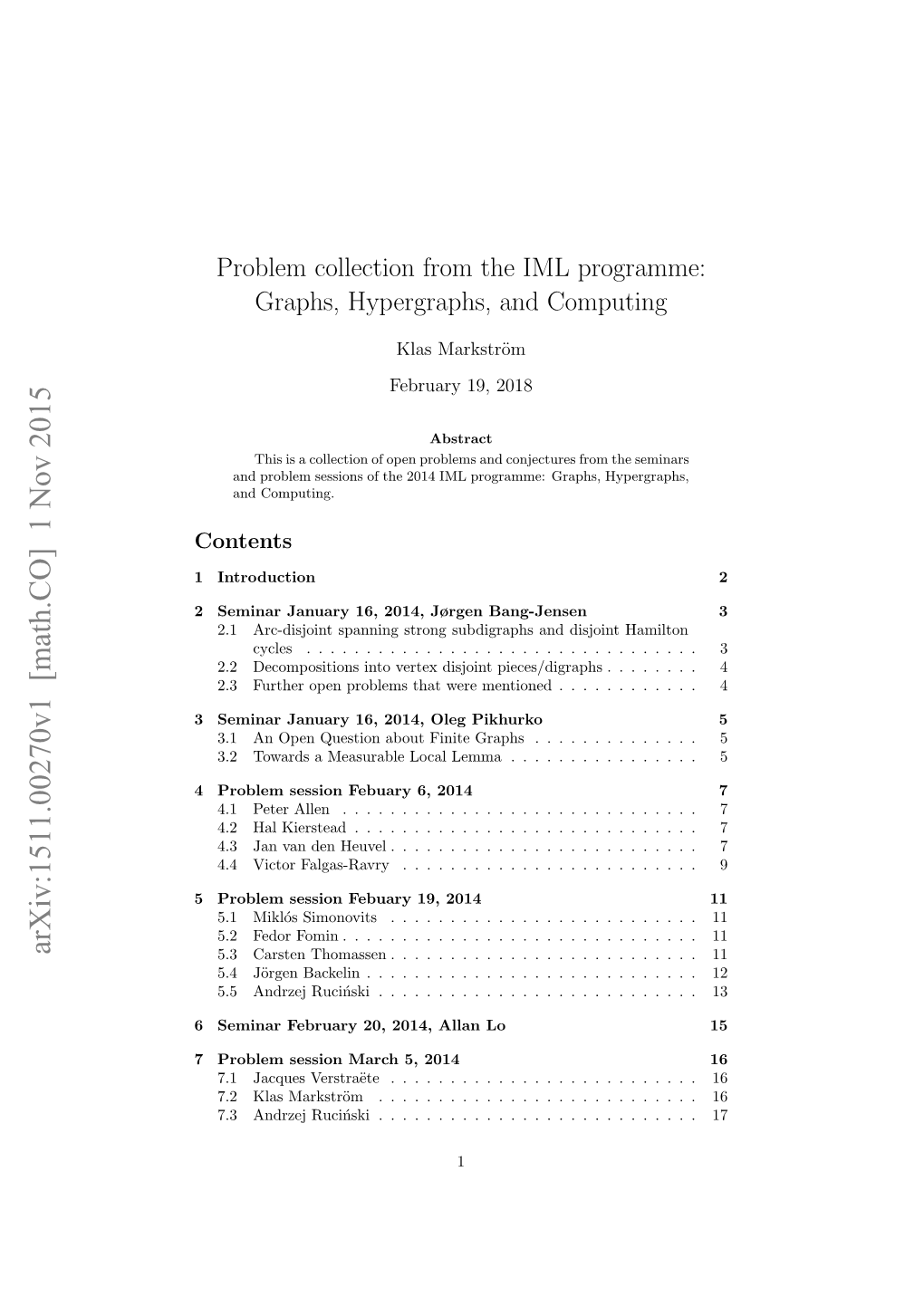 Arxiv:1511.00270V1 [Math.CO] 1 Nov 2015 5.3 Carsten Thomassen