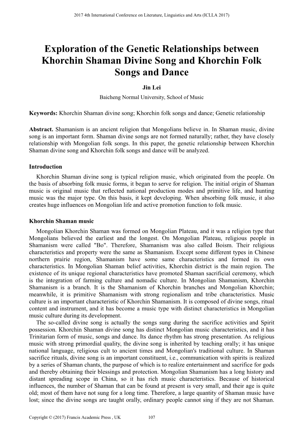 Exploration of the Genetic Relationships Between Khorchin Shaman Divine Song and Khorchin Folk Songs and Dance
