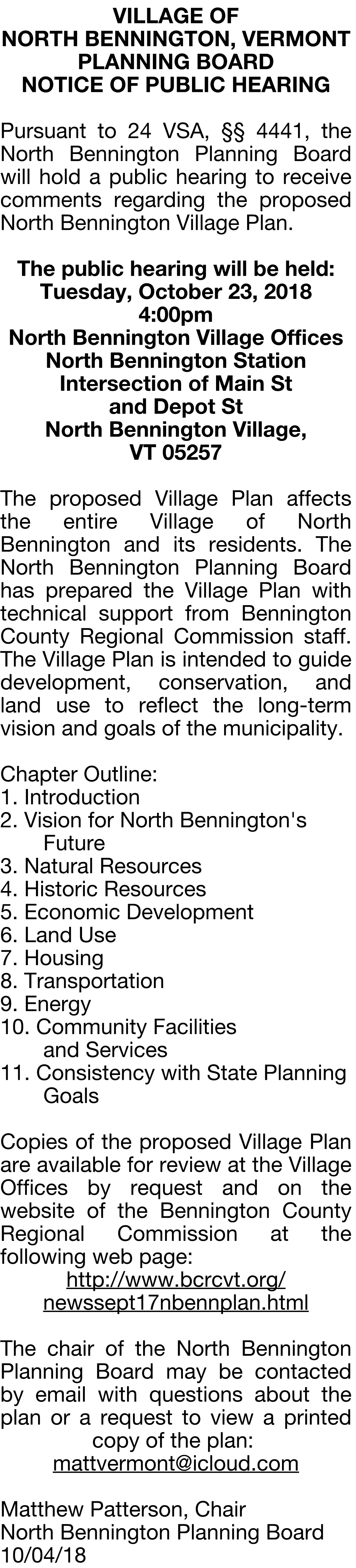 Village of North Bennington, Vermont Planning Board Notice of Public Hearing