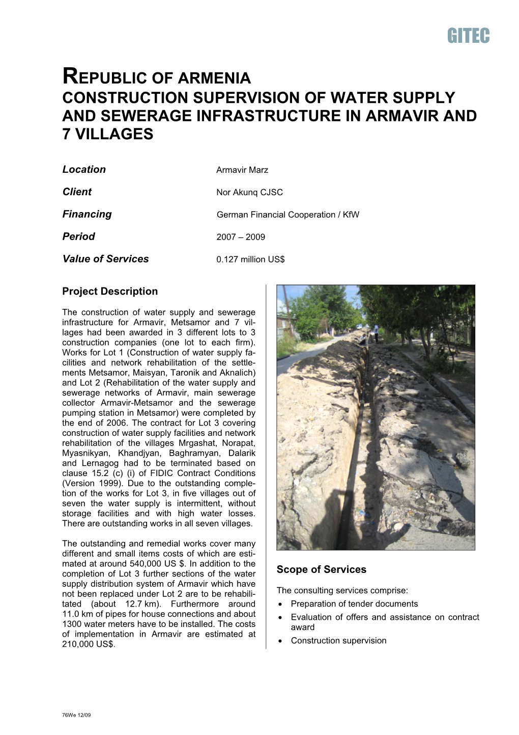 Republic of Armenia Construction Supervision of Water Supply and Sewerage Infrastructure in Armavir and 7 Villages