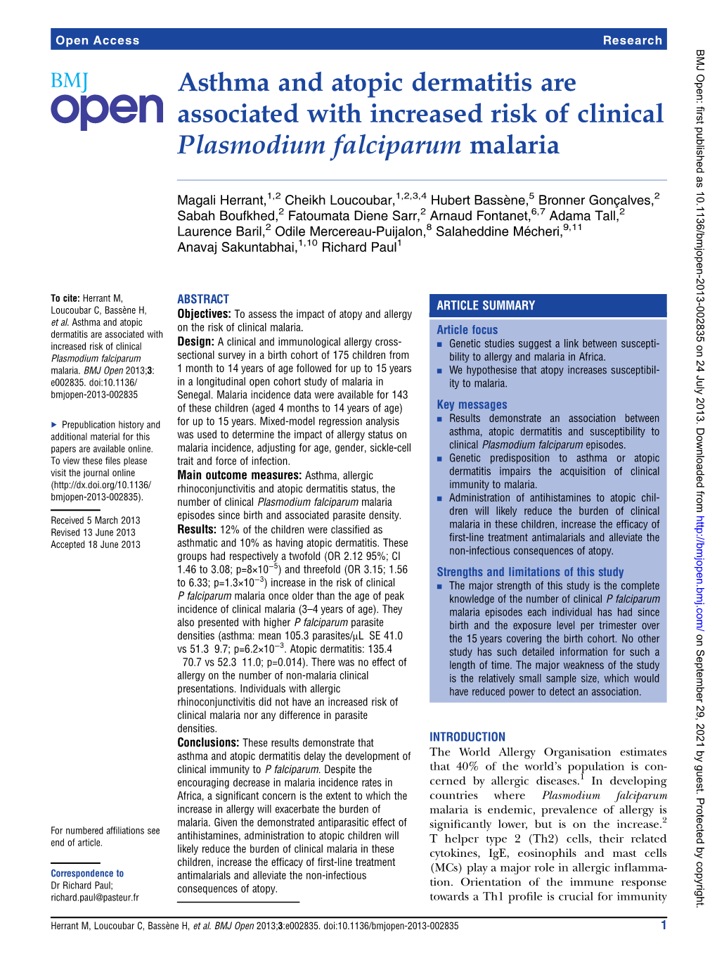 Asthma and Atopic Dermatitis Are Associated with Increased Risk of Clinical Plasmodium Falciparum Malaria