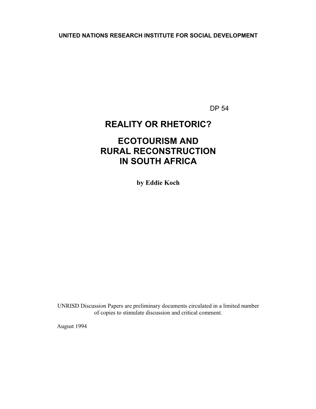 Ecotourism and Rural Reconstruction in South Africa