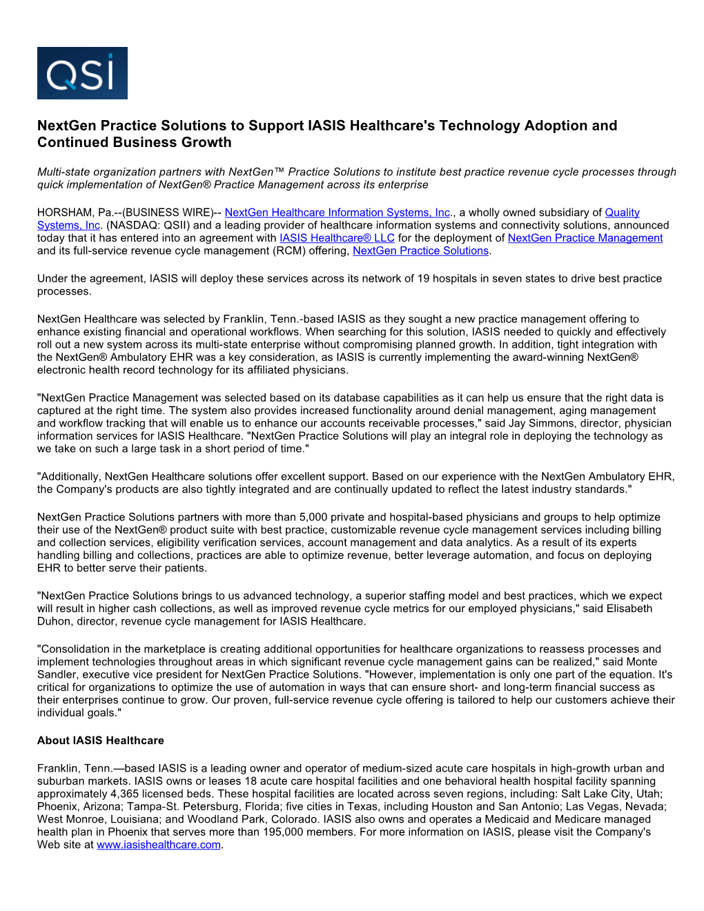 Nextgen Practice Solutions to Support IASIS Healthcare's Technology Adoption and Continued Business Growth
