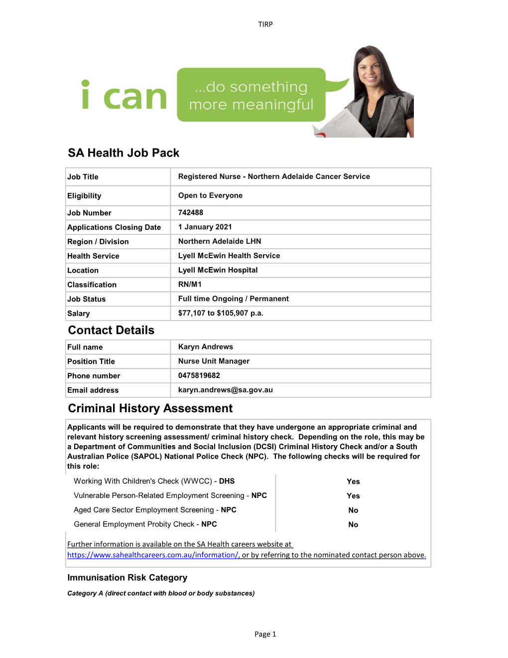 SA Health Job Pack Contact Details Criminal History Assessment