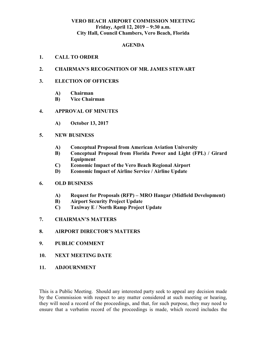 VERO BEACH AIRPORT COMMISSION MEETING Friday, April 12, 2019 – 9:30 A.M