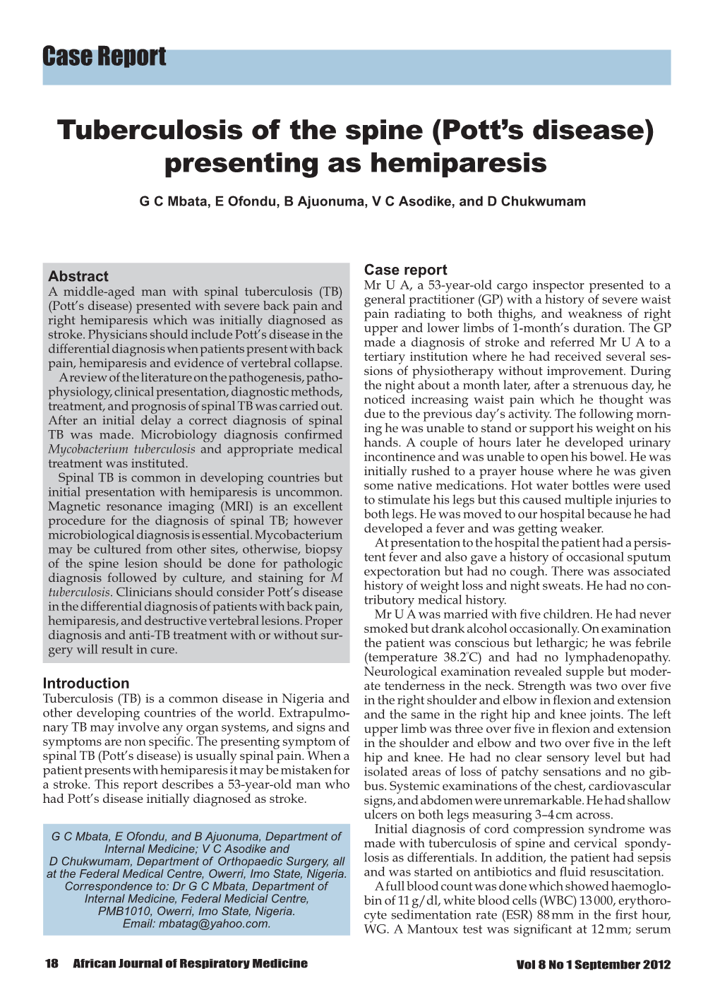 Tuberculosis of the Spine (Pott's Disease) Presenting As Hemiparesis