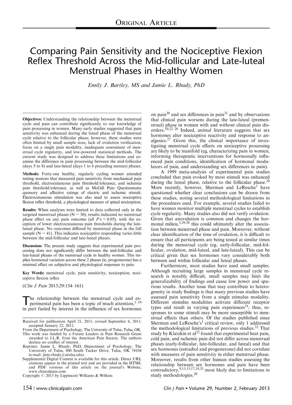 Comparing Pain Sensitivity and the Nociceptive Flexion Reflex Threshold Across the Mid-Follicular and Late-Luteal Menstrual Phases in Healthy Women