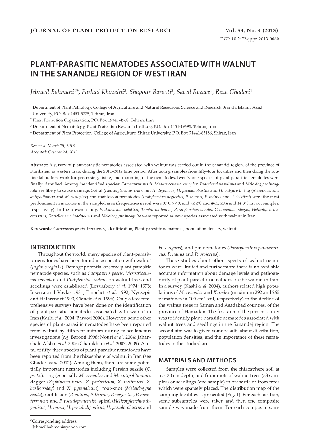 Plant-Parasitic Nematodes Associated with Walnut in the Sanandej Region of West Iran